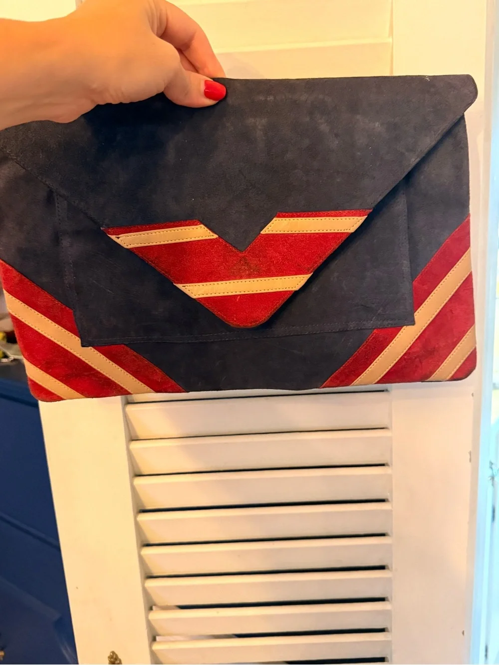 Vintage Suede Envelope Clutch in Navy, Red & Cream